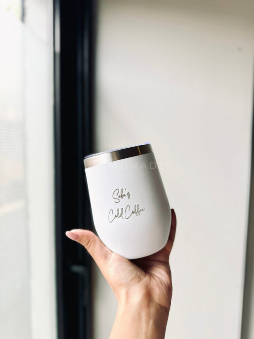 Personalized travel mug in sleek white design
