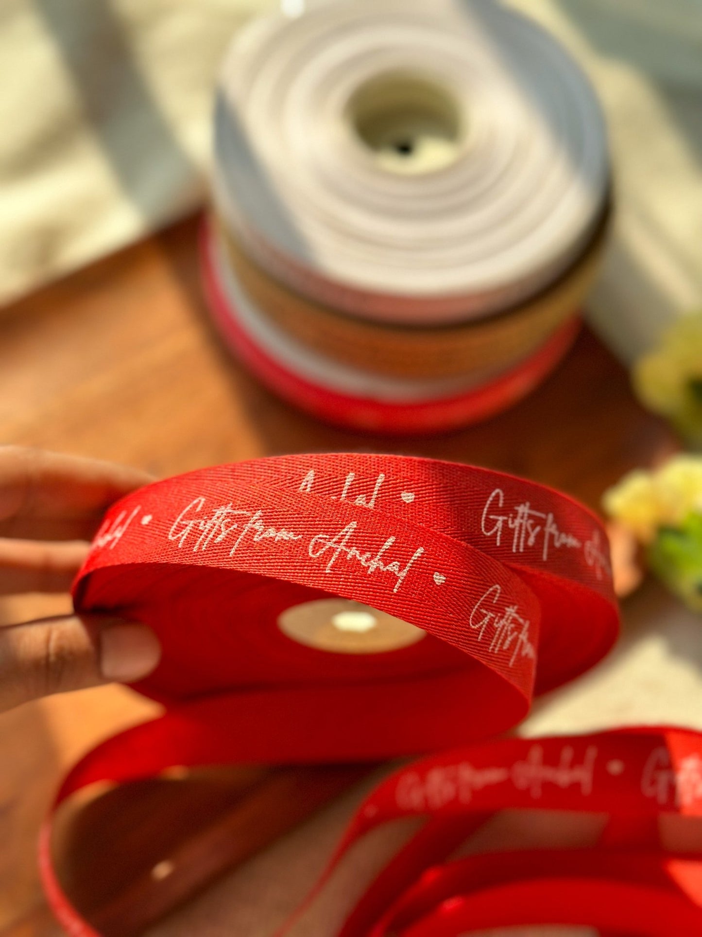 Personalized twill ribbon in vibrant colors for gifts, celebrations, and special events. Red - 20mm - LemonadeStationery