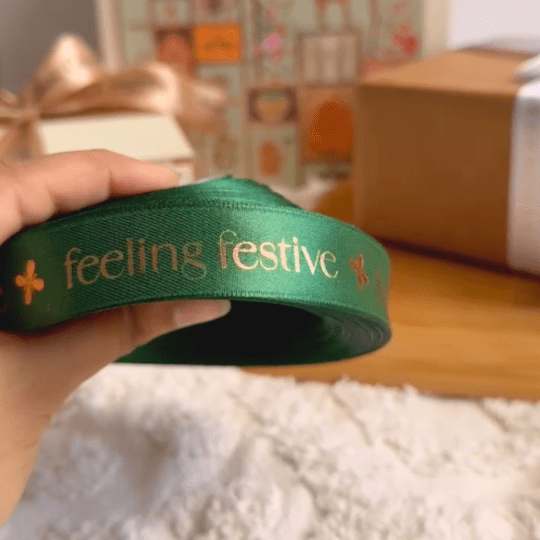 Pre-designed festive  ribbon with printed designs for gift wrapping and decorations. Gold Foiled Satin Ribbon - LemonadeStationery