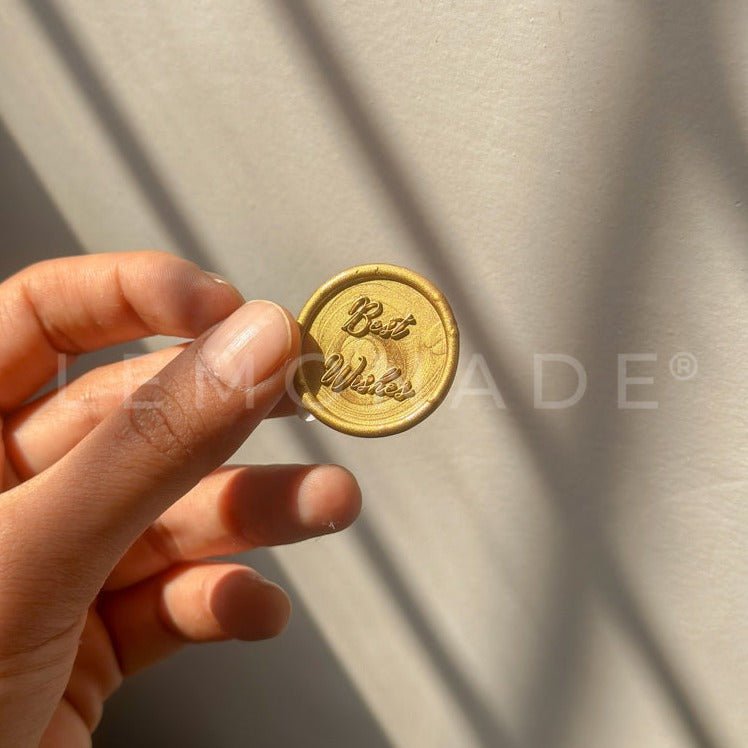 Pre Design - Self Adhesive | Peel - n - Stick Wax Buttons - Best Wishes - Gold - 1 inch - LemonadeCustom Stamps