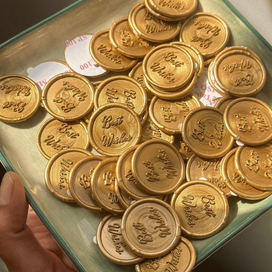 Pre Design - Self Adhesive | Peel - n - Stick Wax Buttons - Best Wishes - Gold - 1 inch - LemonadeCustom Stamps