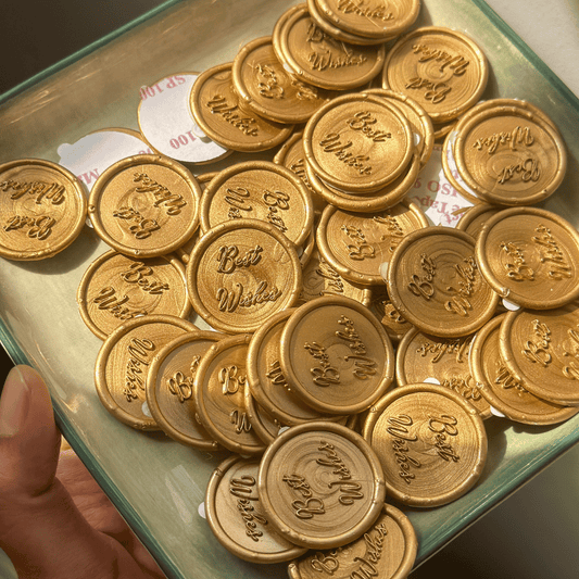 Pre Design - Self Adhesive | Peel - n - Stick Wax Buttons - Best Wishes - Gold - 1 inch - LemonadeCustom Stamps