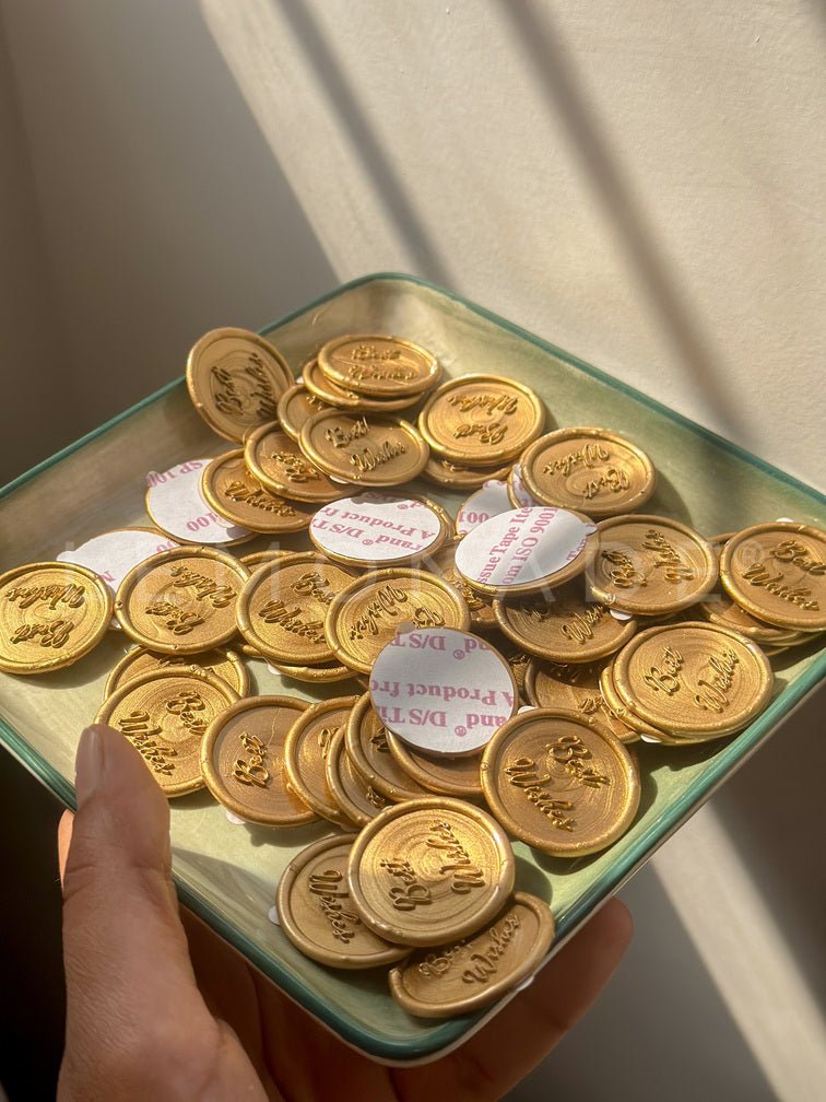 Pre Design - Self Adhesive | Peel - n - Stick Wax Buttons - Best Wishes - Gold - 1 inch - LemonadeCustom Stamps