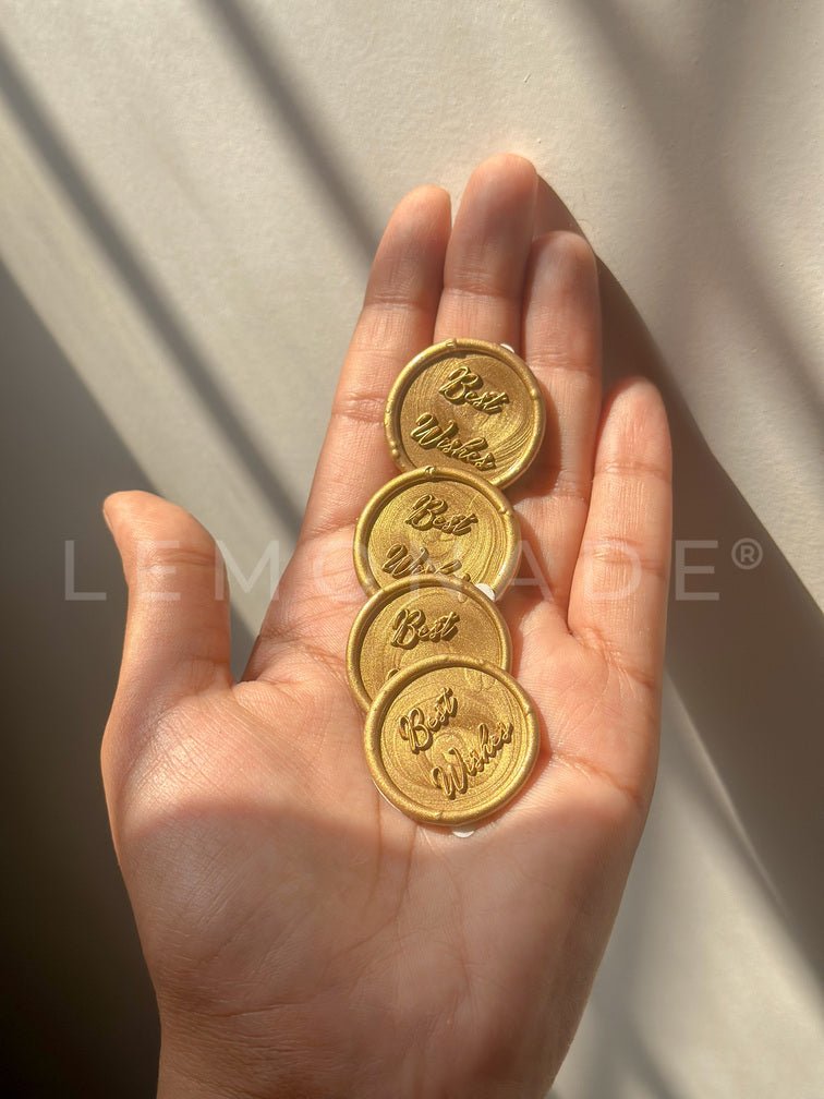 Pre Design - Self Adhesive | Peel - n - Stick Wax Buttons - Best Wishes - Gold - 1 inch - LemonadeCustom Stamps