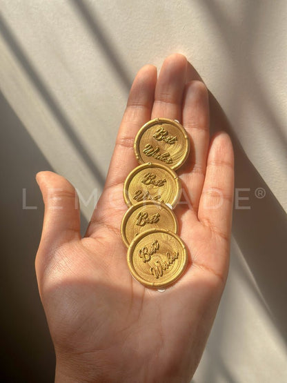 Pre Design - Self Adhesive | Peel - n - Stick Wax Buttons - Best Wishes - Gold - 1 inch - LemonadeCustom Stamps