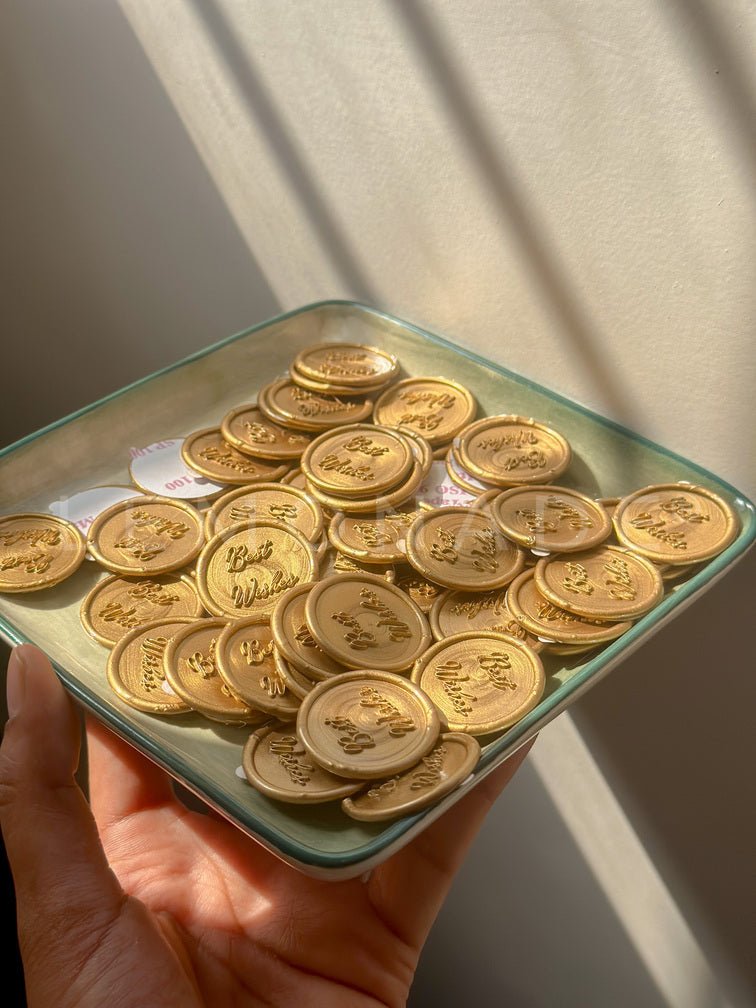 Pre Design - Self Adhesive | Peel - n - Stick Wax Buttons - Best Wishes - Gold - 1 inch - LemonadeCustom Stamps