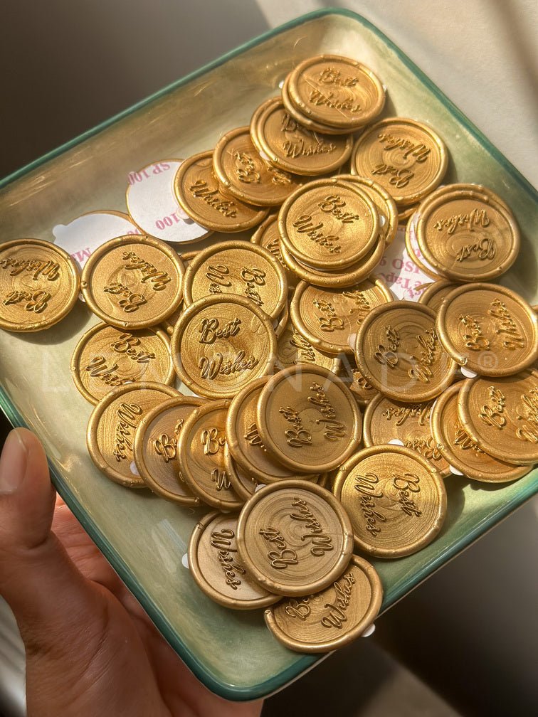 Pre Design - Self Adhesive | Peel - n - Stick Wax Buttons - Best Wishes - Gold - 1 inch - LemonadeCustom Stamps