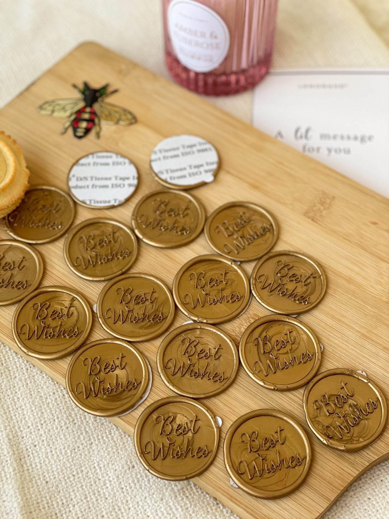 Pre Design - Self Adhesive | Peel - n - Stick Wax Buttons - Best Wishes - Gold - LemonadeCustom Stamps