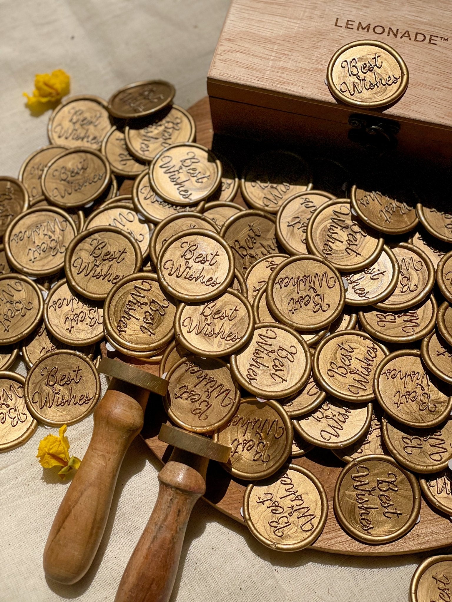 Pre Design - Self Adhesive | Peel - n - Stick Wax Buttons - Best Wishes - Gold - LemonadeCustom Stamps