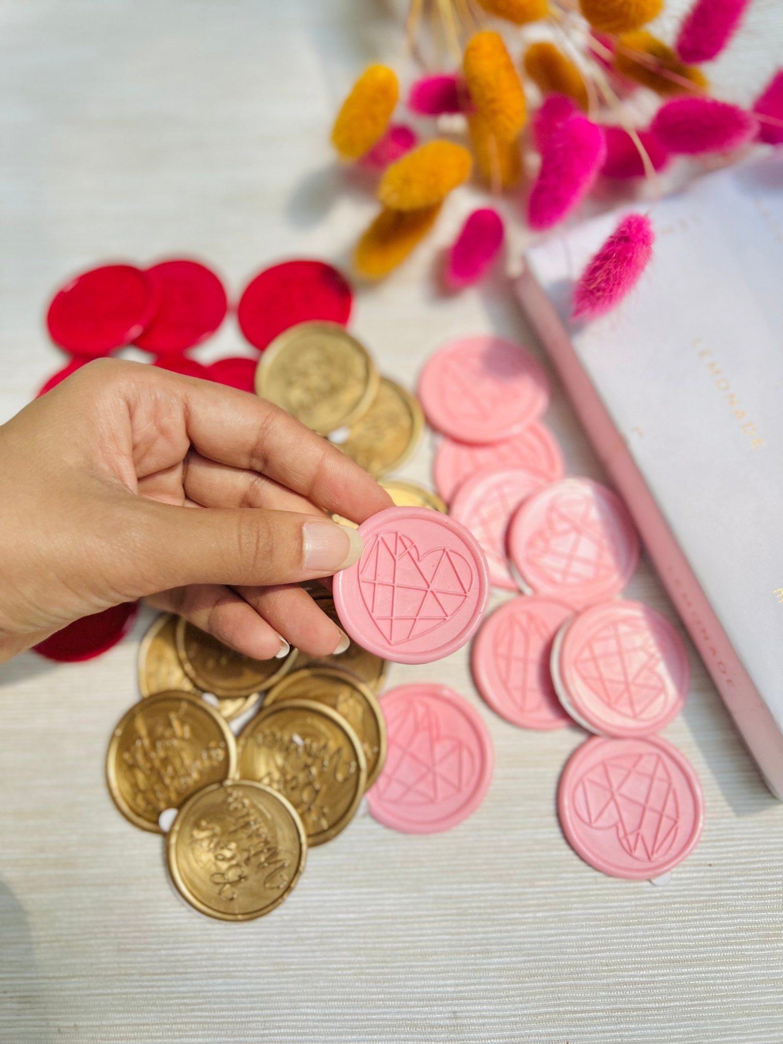 Pre Design - Self Adhesive | Peel - n - Stick Wax Buttons - Geometric Heart - Pink - LemonadeCustom Stamps