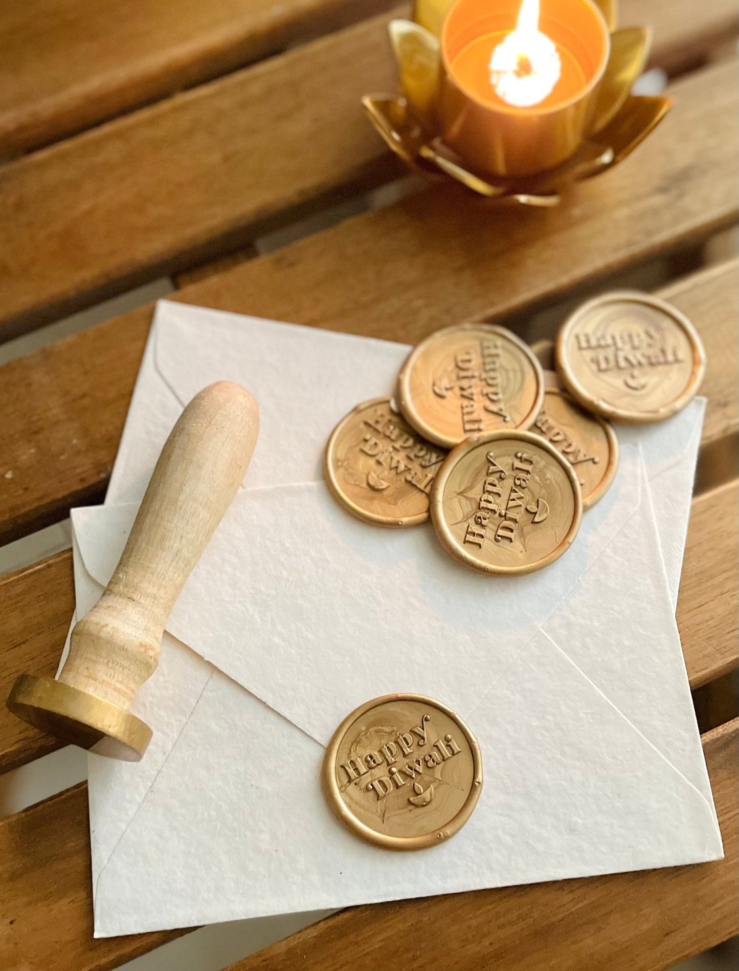 Pre Design - Self Adhesive | Peel - n - Stick Wax Buttons - Happy Diwali - Gold - LemonadeCustom Stamps