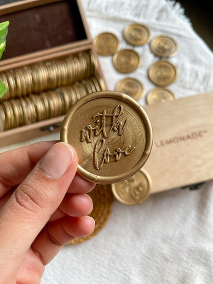 Pre Design - Self Adhesive | Peel - n - Stick Wax Buttons - With Love - Gold - 1 inch - LemonadeCustom Stamps
