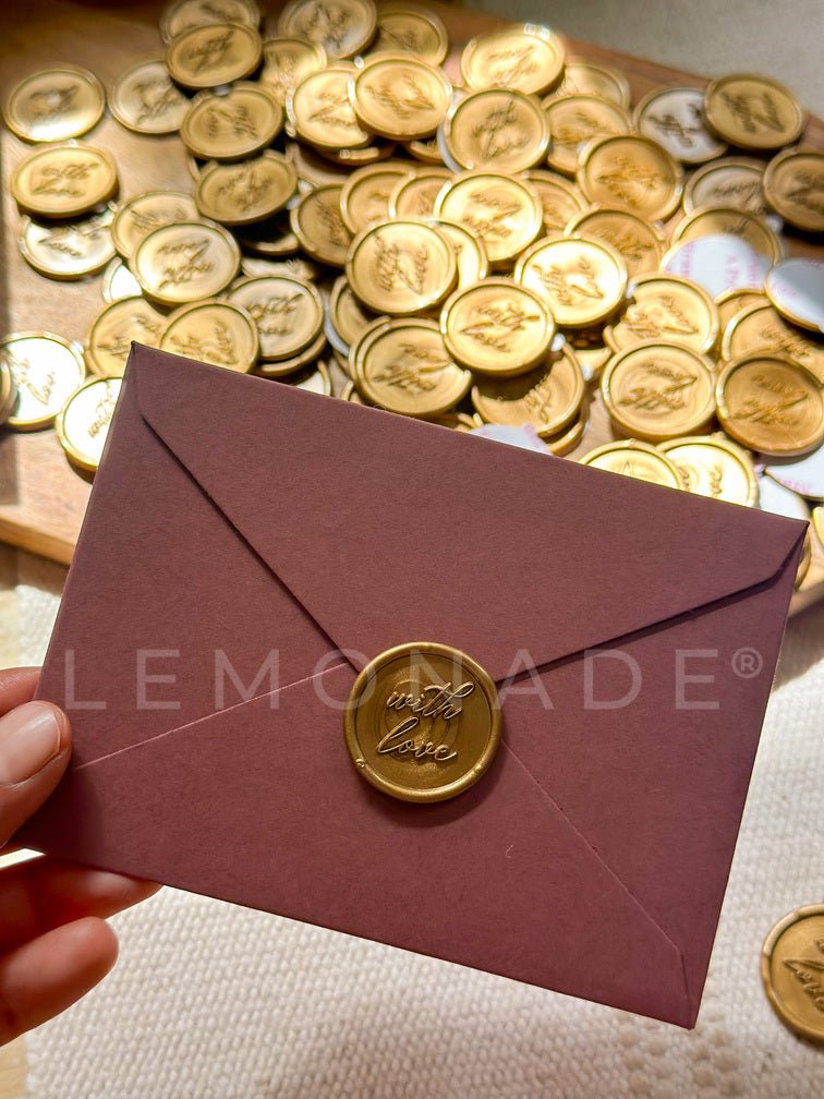 Pre Design - Self Adhesive | Peel - n - Stick Wax Buttons - With Love - Gold - 1 inch - LemonadeCustom Stamps