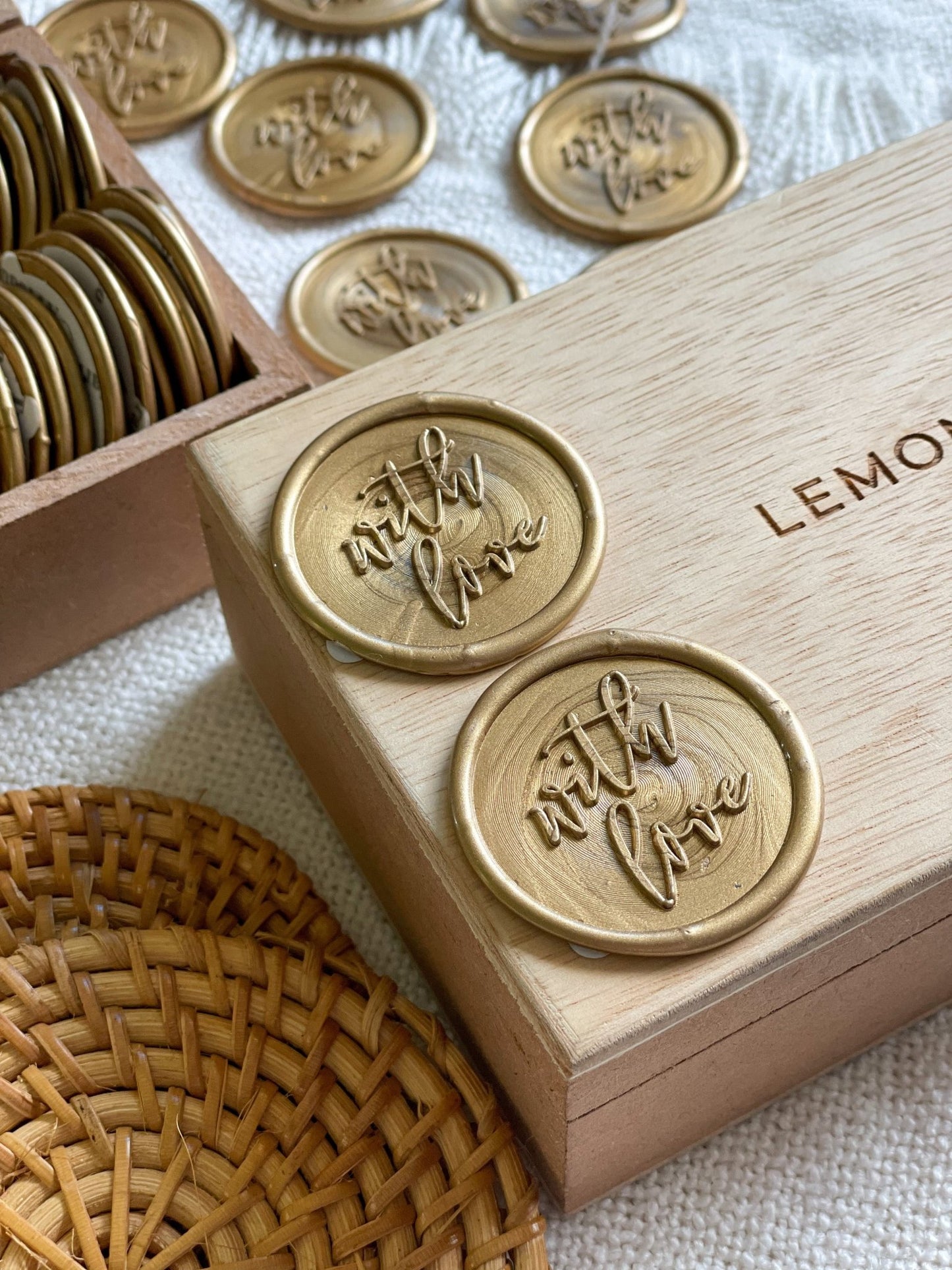 Pre Design - Self Adhesive | Peel - n - Stick Wax Buttons - With Love - Gold - 1.4 Inch - LemonadeCustom Stamps