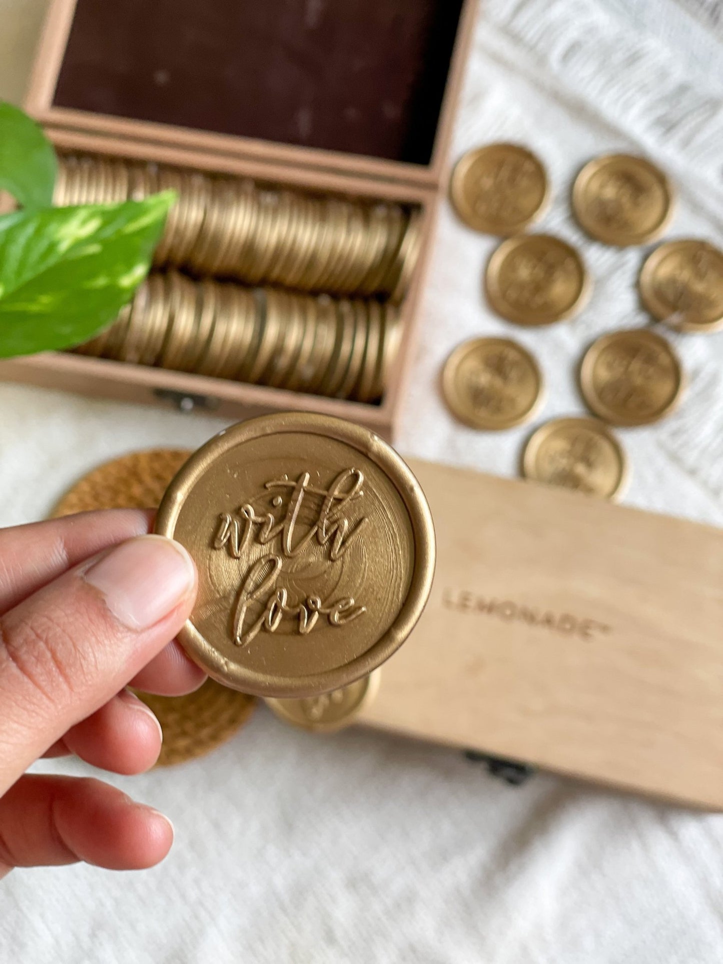 Pre Design - Self Adhesive | Peel - n - Stick Wax Buttons - With Love - Gold - 1.4 Inch - LemonadeCustom Stamps