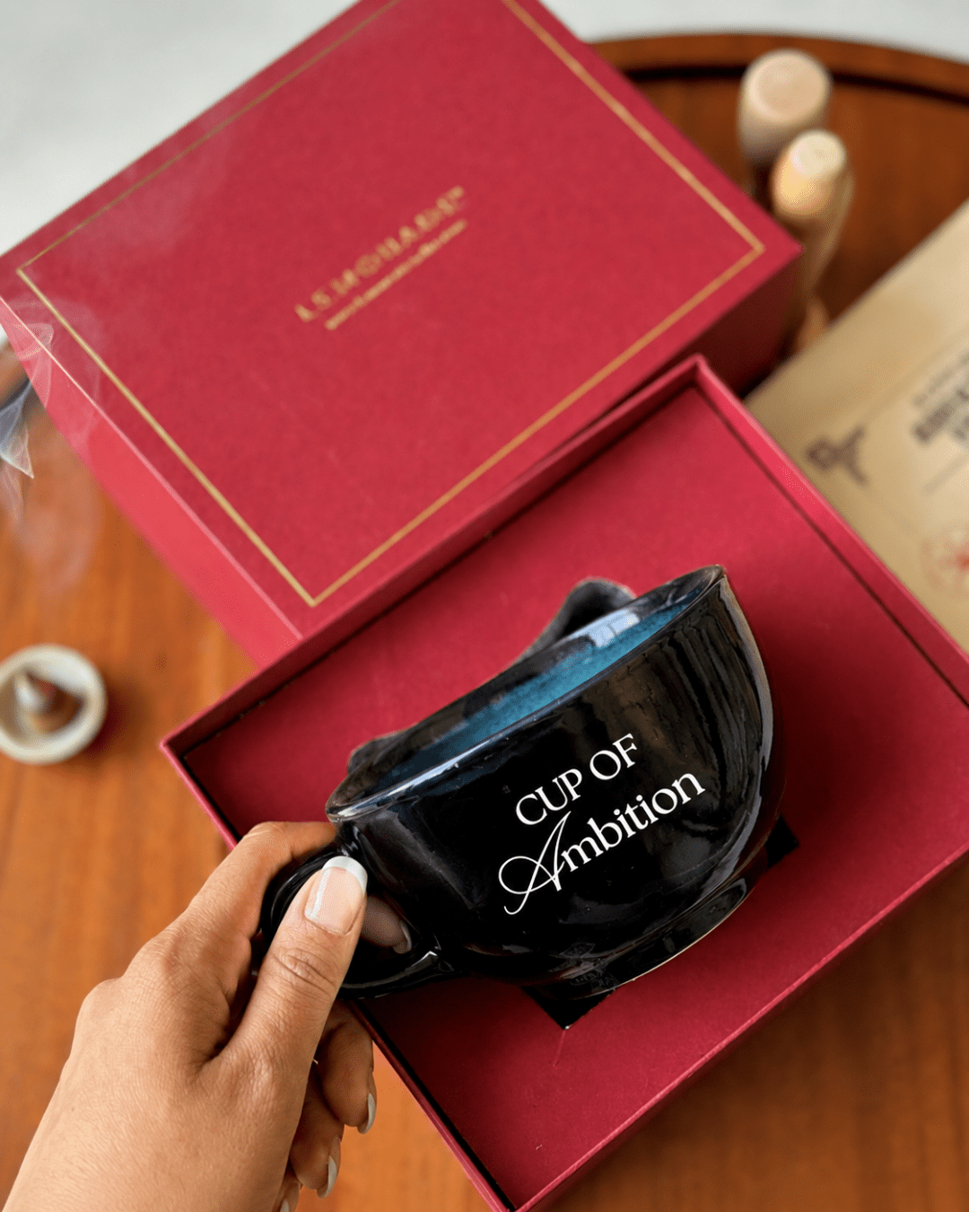 Pre-designed black cappuccino cup with premium gift box for coffee lovers and gifting occasions.