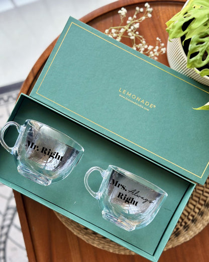 Pre-designed clear couple mug set with gift box for anniversaries, weddings, and special occasions.