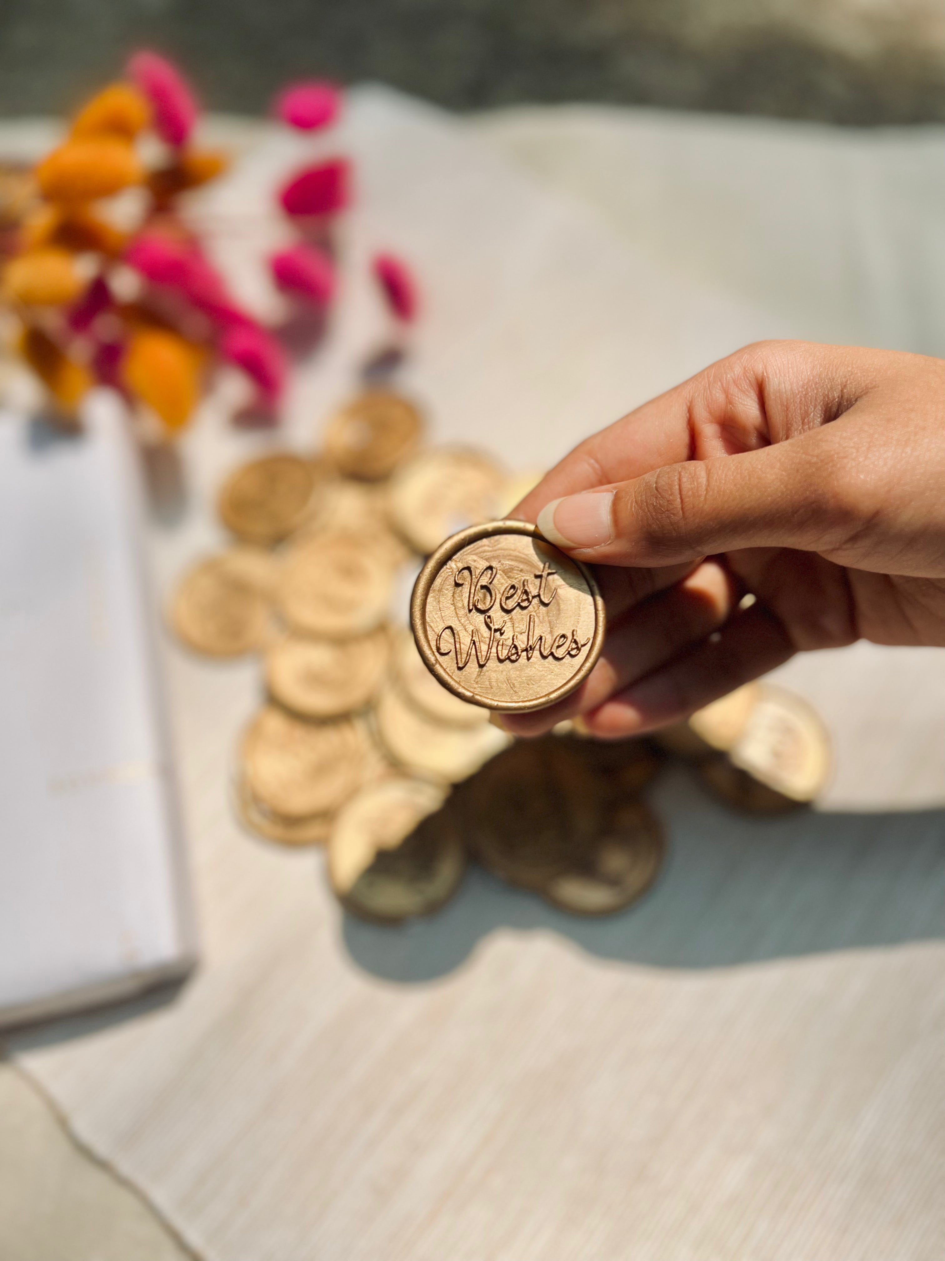 Pre Design - Self Adhesive | Peel-n-Stick Wax Buttons - Best Wishes - Gold